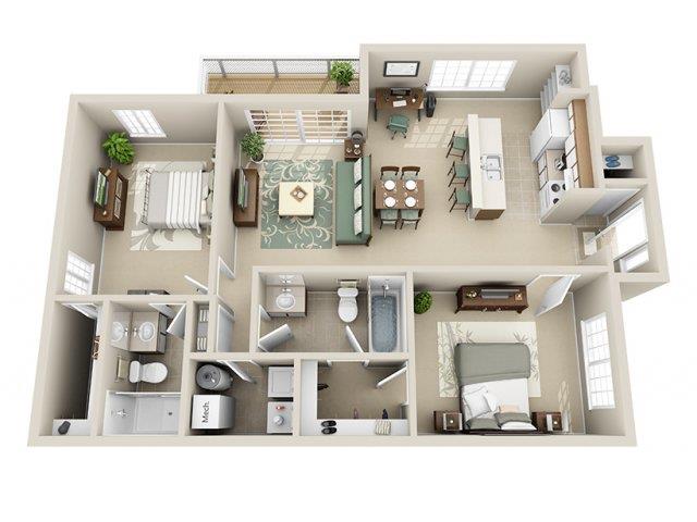 Floor plan for 2 beds, 2 baths, 1200 sqft